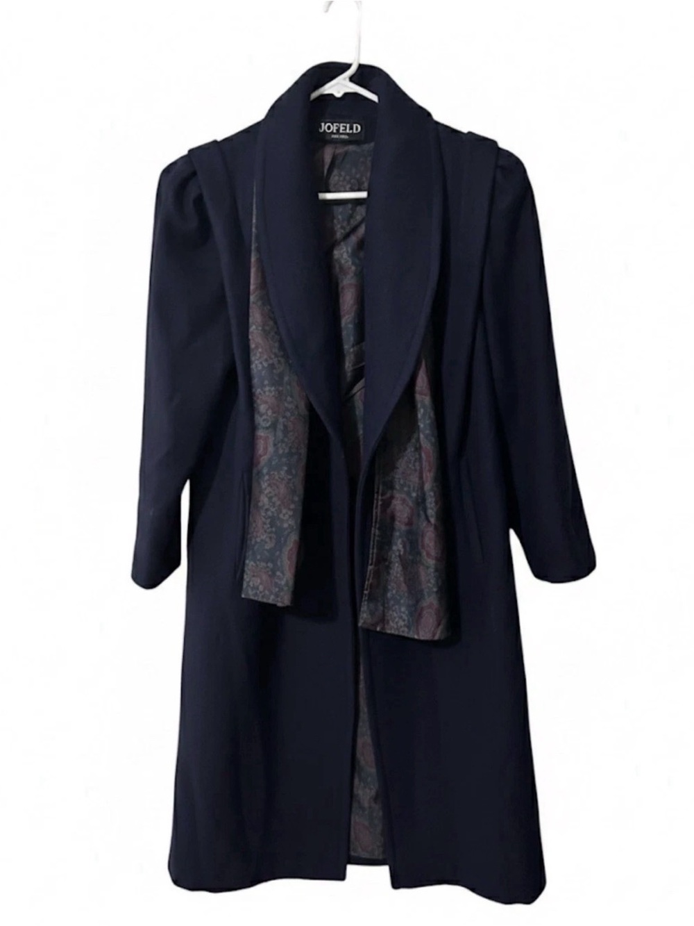 Jofeld Navy Wool Coat Shawl Collar Paisley Lining Womens Large L 80s USA VTG